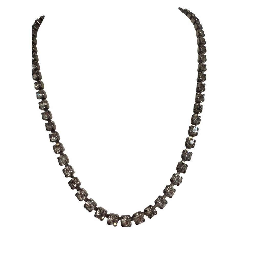 Vintage Clear Crystal Rhinestone Choker Necklace Prong Set Fold Over Estate 14"
